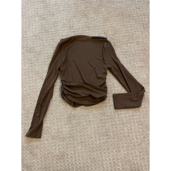 NWT- Lulus Brown Wide Neck Ruched Side Long Sleeve Top - Picture 2 of 5